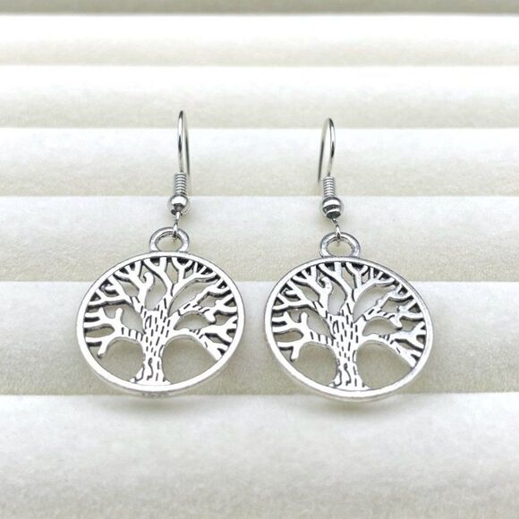 Silver Round Boho Style Intricate Tree of Life Dangling Drop Hook Earrings - Picture 4 of 9